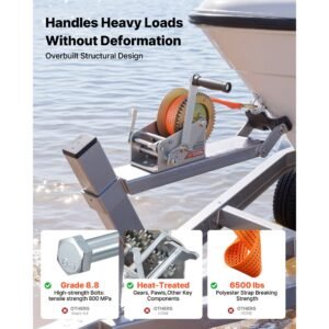 boat winch, 3500 lbs hand winch, heavy duty manual rope crank with 20ft orange polyester strap, portable two way ratchet, 2 speed switchable, anti slip handle gear for boat trailer atv towing
