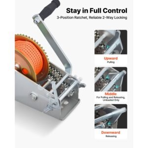 boat winch, 3500 lbs hand winch, heavy duty manual rope crank with 20ft orange polyester strap, portable two way ratchet, 2 speed switchable, anti slip handle gear for boat trailer atv towing