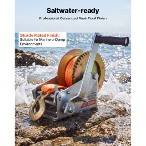 boat winch, 3500 lbs hand winch, heavy duty manual rope crank with 20ft orange polyester strap, portable two way ratchet, 2 speed switchable, anti slip handle gear for boat trailer atv towing