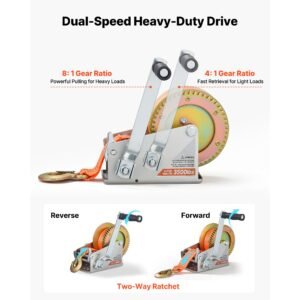 boat winch, 3500 lbs hand winch, heavy duty manual rope crank with 20ft orange polyester strap, portable two way ratchet, 2 speed switchable, anti slip handle gear for boat trailer atv towing