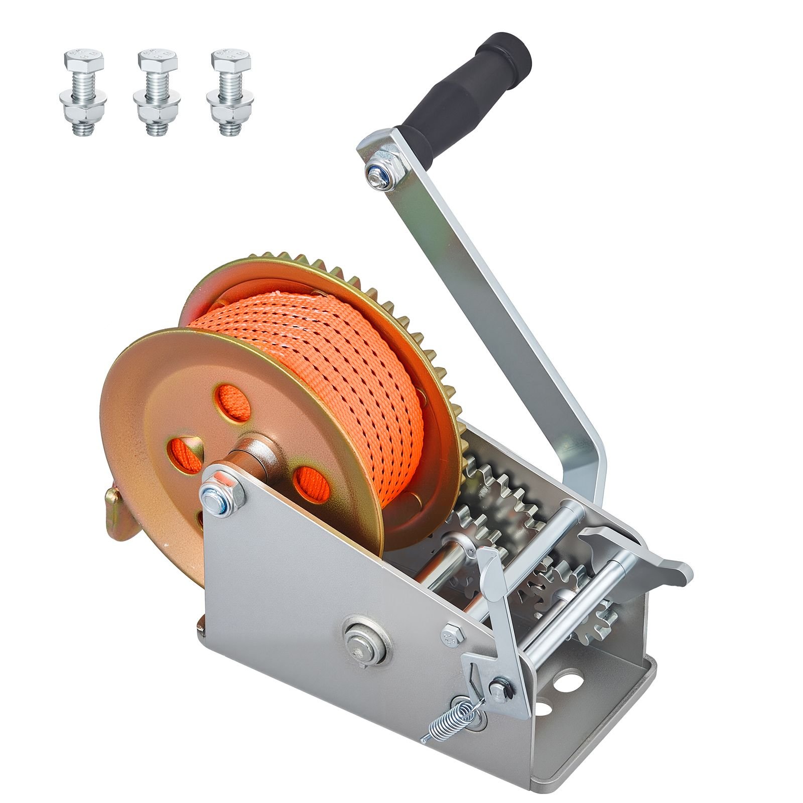 boat winch, 3500 lbs hand winch, heavy duty manual rope crank with 20ft orange polyester strap, portable two way ratchet, 2 speed switchable, anti slip handle gear for boat trailer atv towing