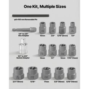 bolt extractor kit, 16 pieces impact bolt & nut remover set with adapters and pin punch, solid storage case, cr mo steel for removing damaged, rusted, stripped, rounded bolts, nuts and screws