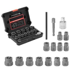 Bolt Extractor Kit, 16 Pieces Impact Bolt & Nut Remover Set with Adapters and Pin Punch, Solid Storage Case, Cr-Mo Steel for Removing Damaged, Rusted, Stripped, Rounded Bolts, Nuts and Screws