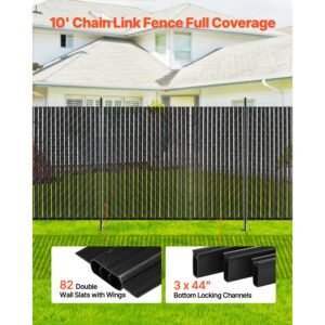 bottom locking privacy slats, double wall vertical bottom locking slats with wings for chain link fence, high density hdpe chain link slats ideally fit 8' high fence for garden and farm(black)
