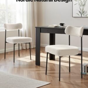 boucle dining chairs set of 6, mid century modern sherpa accent chairs, upholstered side chair for dining table, space saving white kitchen table chair with curved backrest and black metal legs