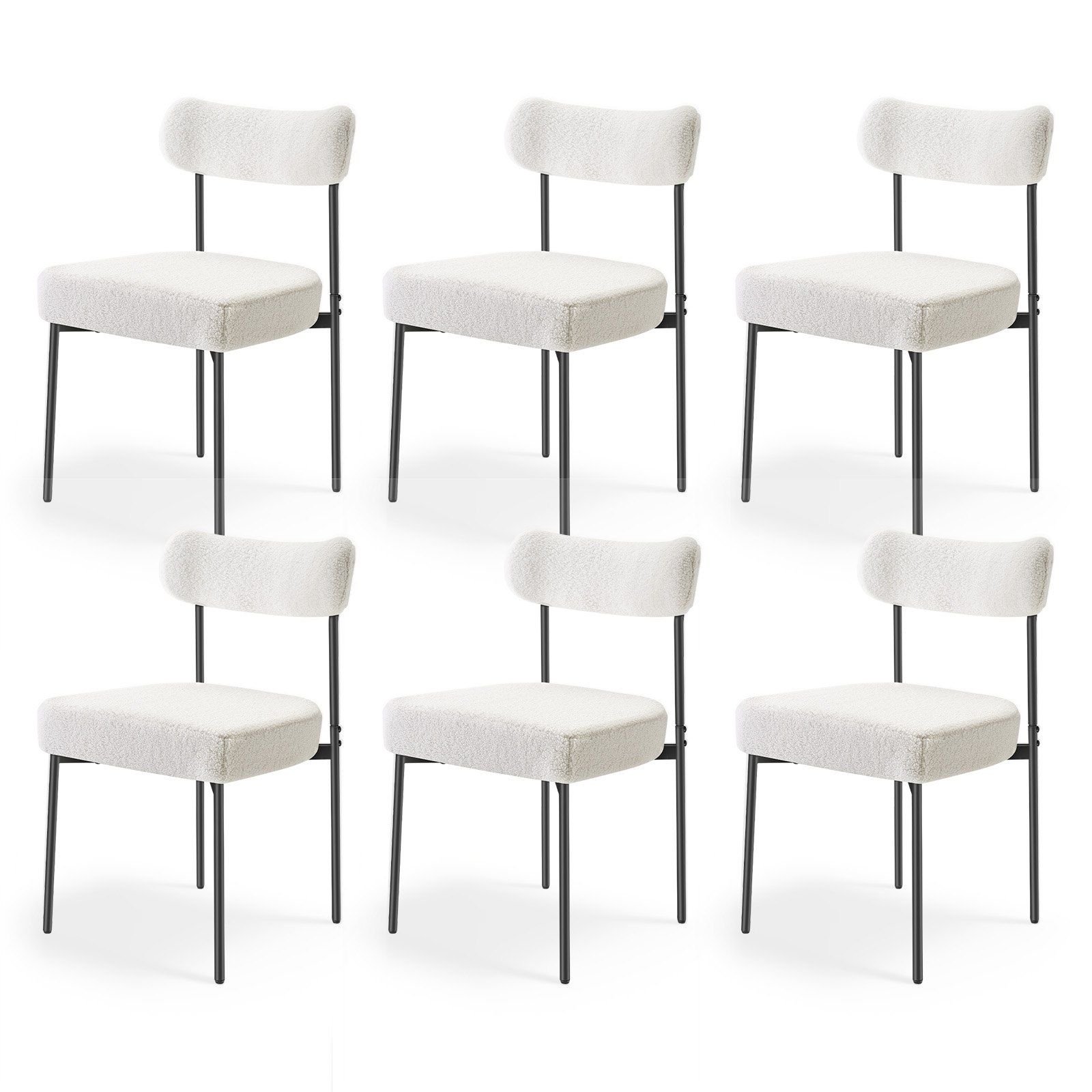 boucle dining chairs set of 6, mid century modern sherpa accent chairs, upholstered side chair for dining table, space saving white kitchen table chair with curved backrest and black metal legs