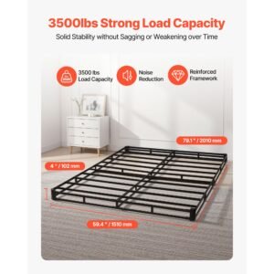 box spring, queen size bed frame with washable fabric cloth, heavy duty metal frame for queen bed, 4 in mattress foundation, 3500 lbs max weight capacity, easy assembly, 79.1 l x 59.4 w x 4 h in