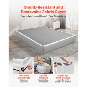box spring, queen size bed frame with washable fabric cloth, heavy duty metal frame for queen bed, 9.1 in mattress foundation, 3500 lbs max weight capacity, easy assembly, 79.1 x 59.6 x 9.1 in