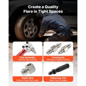 brake line flaring tool kit, 45° single & double flare tool for 3/16", 1/4" copper tubing with 2 forming dies, deburring tool & toolbox for automotive brake hydraulic line repair