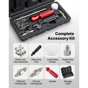 brake line flaring tool kit, 45° single & double flare tool for 3/16", 1/4" copper tubing with 2 forming dies, deburring tool & toolbox for automotive brake hydraulic line repair