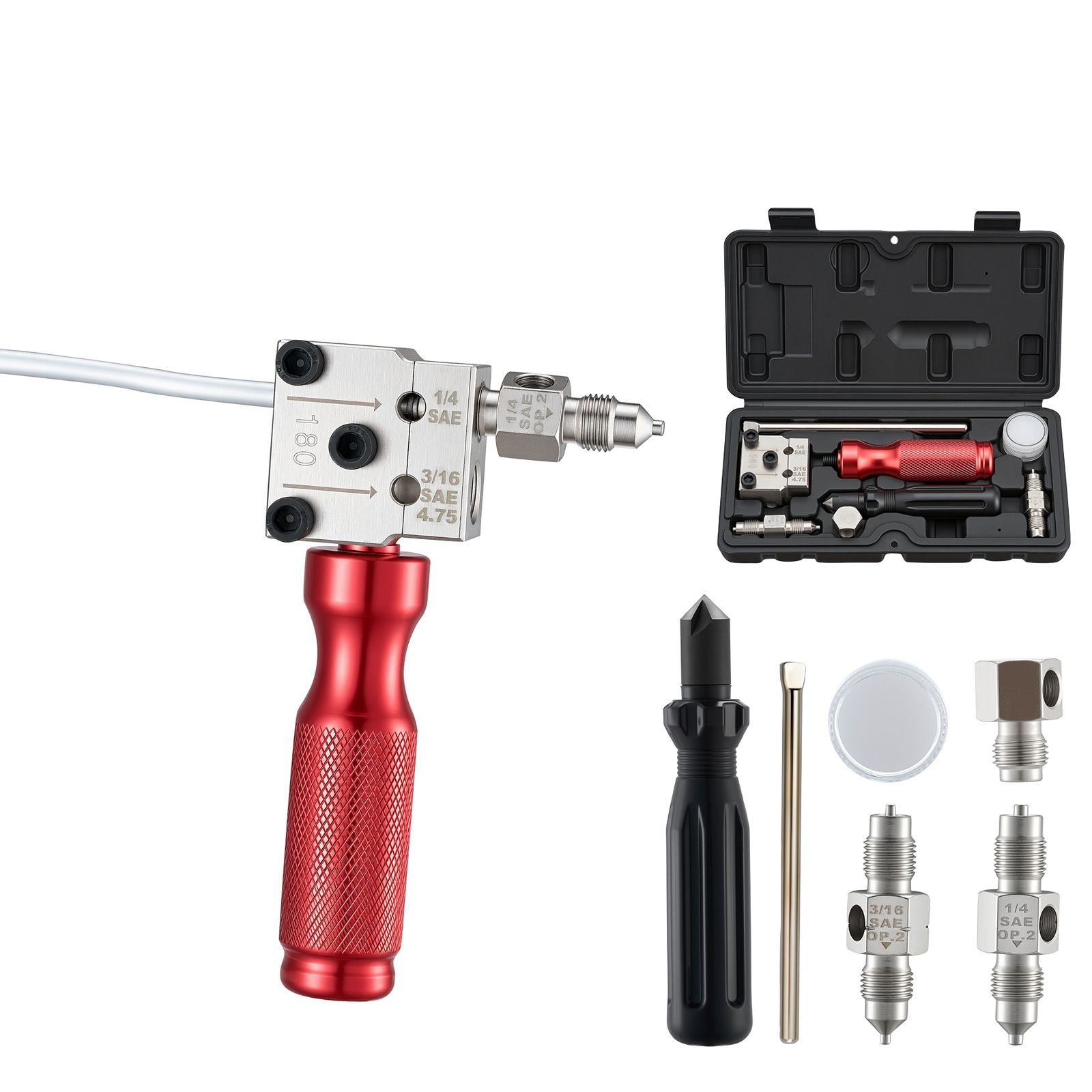 brake line flaring tool kit, 45° single & double flare tool for 3/16", 1/4" copper tubing with 2 forming dies, deburring tool & toolbox for automotive brake hydraulic line repair