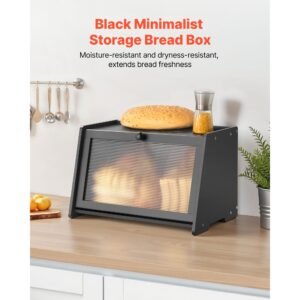 bread box for kitchen counter, large capacity bamboo bread storage container, farmhouse wooden breadbox organizer for homemade bread, storage holder bin with acrylic wavy door panel, black
