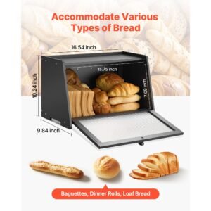 bread box for kitchen counter, large capacity bamboo bread storage container, farmhouse wooden breadbox organizer for homemade bread, storage holder bin with acrylic wavy door panel, black