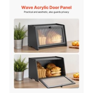 bread box for kitchen counter, large capacity bamboo bread storage container, farmhouse wooden breadbox organizer for homemade bread, storage holder bin with acrylic wavy door panel, black