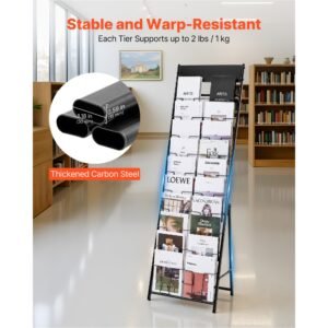 brochure display rack, 20 pockets magazine literature display stand, portable floor standing magazine rack, metal newspaper catalog holders for shop, exhibitions, office, trade show, black