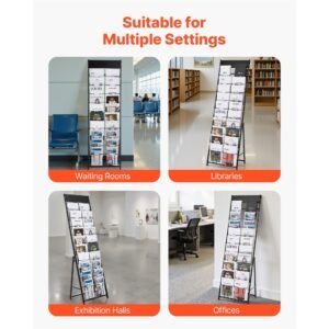 brochure display rack, 20 pockets magazine literature display stand, portable floor standing magazine rack, metal newspaper catalog holders for shop, exhibitions, office, trade show, black