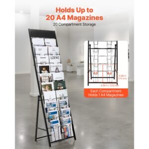 Brochure Display Rack, 20 Pockets Magazine Literature Display Stand, Portable Floor Standing Magazine Rack, Metal Newspaper Catalog Holders for Shop, Exhibitions, Office, Trade Show, Black