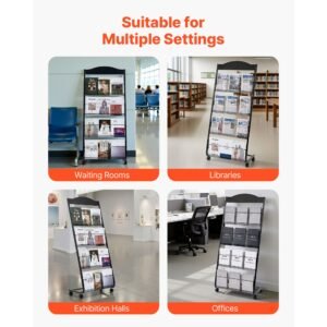 brochure display rack, 4 tier magazine literature display stand with wheels, movable floor standing magazine rack, heavy duty newspaper catalog holders for shop exhibitions office craft fairs