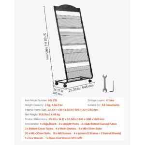 brochure display rack, 4 tier magazine literature display stand with wheels, movable floor standing magazine rack, heavy duty newspaper catalog holders for shop exhibitions office craft fairs