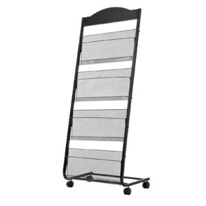 brochure display rack, 4 tier magazine literature display stand with wheels, movable floor standing magazine rack, heavy duty newspaper catalog holders for shop exhibitions office craft fairs