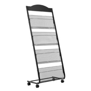 brochure display rack, 4 tier magazine literature display stand with wheels, movable floor standing magazine rack, heavy duty newspaper catalog holders for shop exhibitions office craft fairs