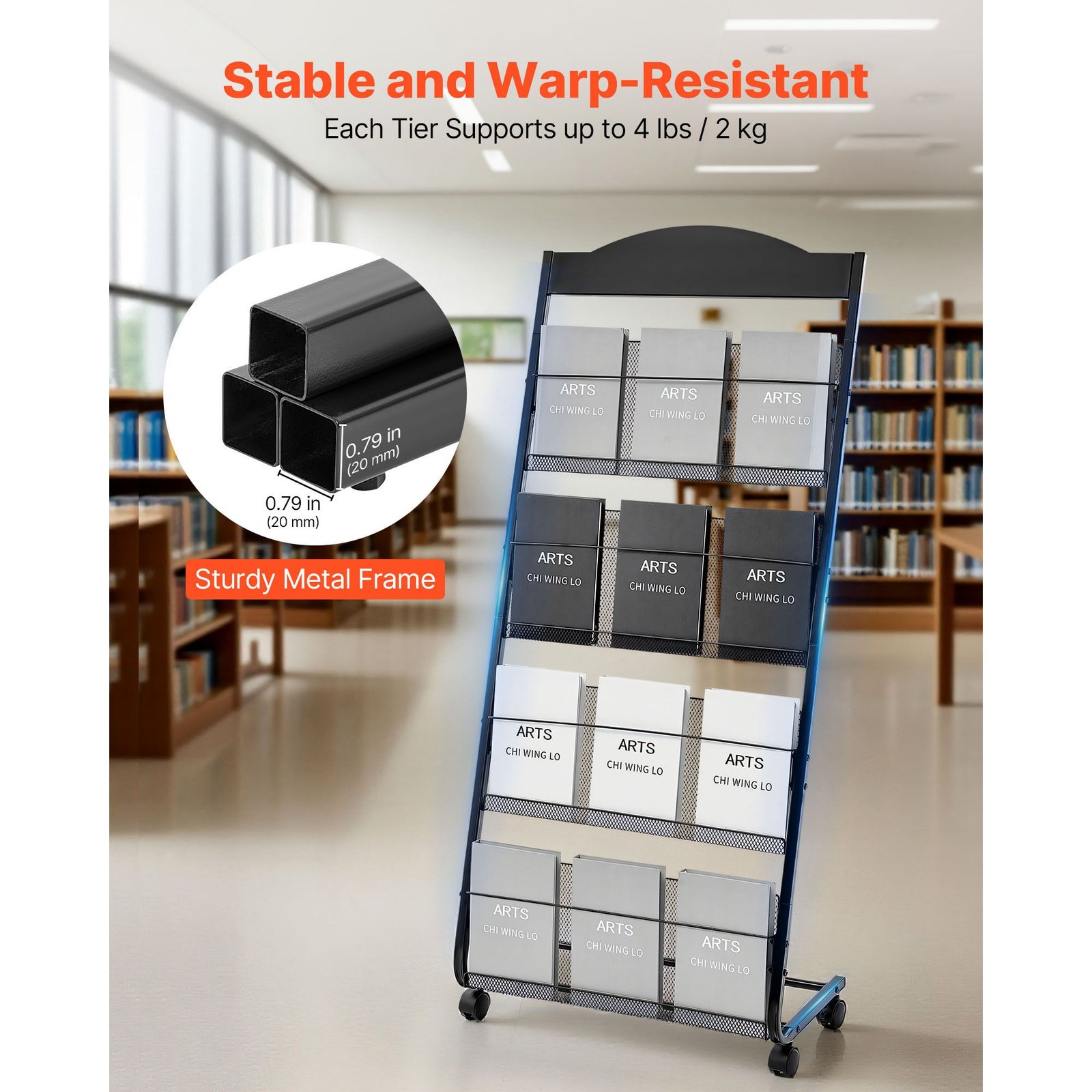 brochure display rack, 4 tier magazine literature display stand with wheels, movable floor standing magazine rack, heavy duty newspaper catalog holders for shop exhibitions office craft fairs