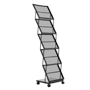 brochure display rack, foldable 5 pockets magazine literature display stand, movable floor standing magazine rack with wheels, metal newspaper catalog holders for shop exhibitions office show