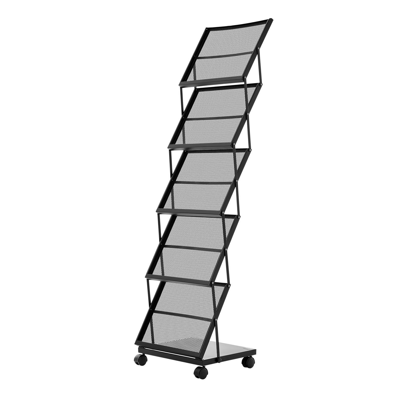 brochure display rack, foldable 5 pockets magazine literature display stand, movable floor standing magazine rack with wheels, metal newspaper catalog holders for shop exhibitions office show