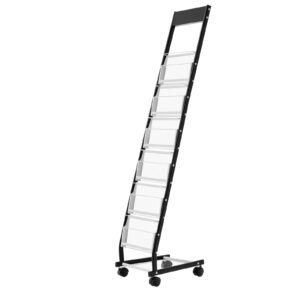 brochure display rack, narrow 6 tier magazine literature display stand with wheels, metal floor standing magazine rack, movable newspaper catalog holders for shop exhibitions office (6 pockets)