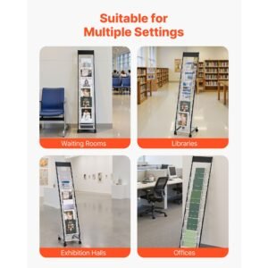 Brochure Display Rack, Narrow 6-Tier Magazine Literature Display Stand with Wheels, Metal Floor Standing Magazine Rack, Movable Newspaper Catalog Holders for Shop Exhibitions Office (6 Pockets)