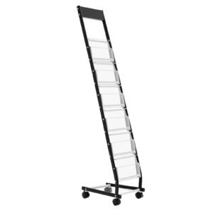 brochure display rack, narrow 6 tier magazine literature display stand with wheels, metal floor standing magazine rack, movable newspaper catalog holders for shop exhibitions office (6 pockets)