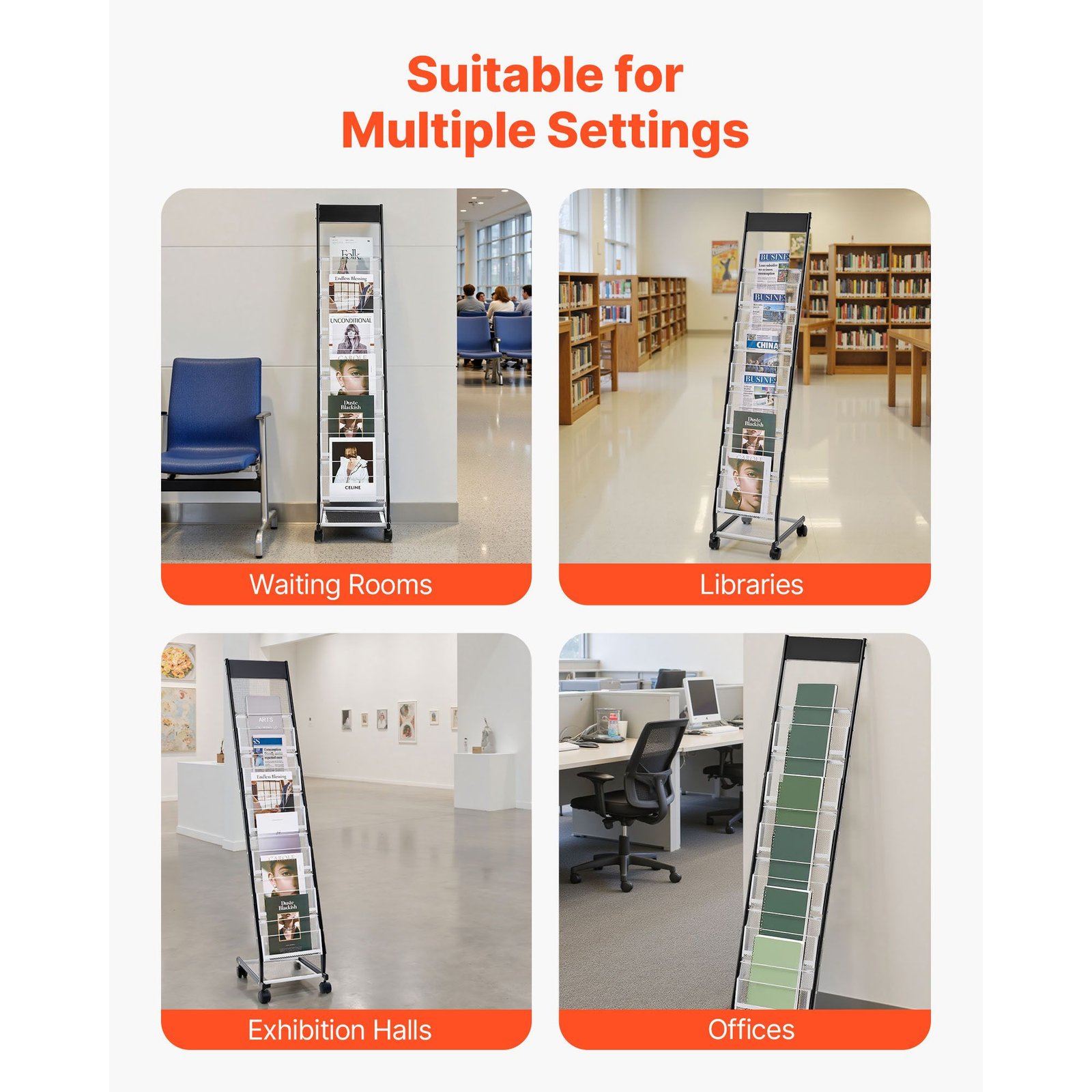 brochure display rack, narrow 6 tier magazine literature display stand with wheels, metal floor standing magazine rack, movable newspaper catalog holders for shop exhibitions office (6 pockets)