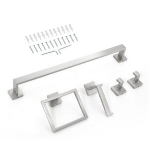 Brushed Nickel Bathroom Hardware Set, 5 Pieces Bathroom Accessories Set, Stainless Steel 24 inch Towel Bar, Towel Rack, 2 Robe Towel Hooks, Toilet Paper Holder for Bath Room, Wall Mounted
