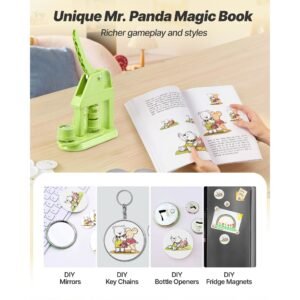 button maker machine, 1.26 in, plastic pin maker with 500pcs button parts, mr. panda magic book, circle cutter and hex wrenches, reinforced ergonomic handle, for diy badges, personalized pins