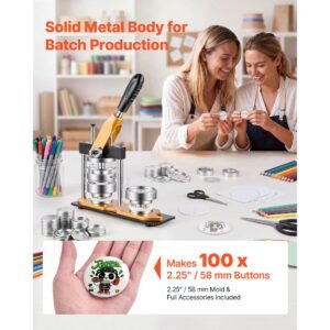 button maker machine, 2.25" / 58 mm, solid metal pin maker with 100pcs button parts, circle cutter and magic book, reinforced ergonomic handle, steel mold, for diy badges, pins, key chains