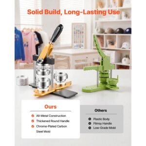 button maker machine, 2.25" / 58 mm, solid metal pin maker with 100pcs button parts, circle cutter and magic book, reinforced ergonomic handle, steel mold, for diy badges, pins, key chains