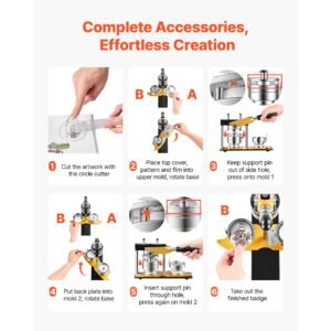 button maker machine, 2.25" / 58 mm, solid metal pin maker with 100pcs button parts, circle cutter and magic book, reinforced ergonomic handle, steel mold, for diy badges, pins, key chains