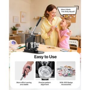 button maker machine, 2.25 in, pin maker machine with 500pcs button parts, circle cutter, hex wrenches and magic book, ergonomic handle, for diy badges, personalized pins and key chains, black