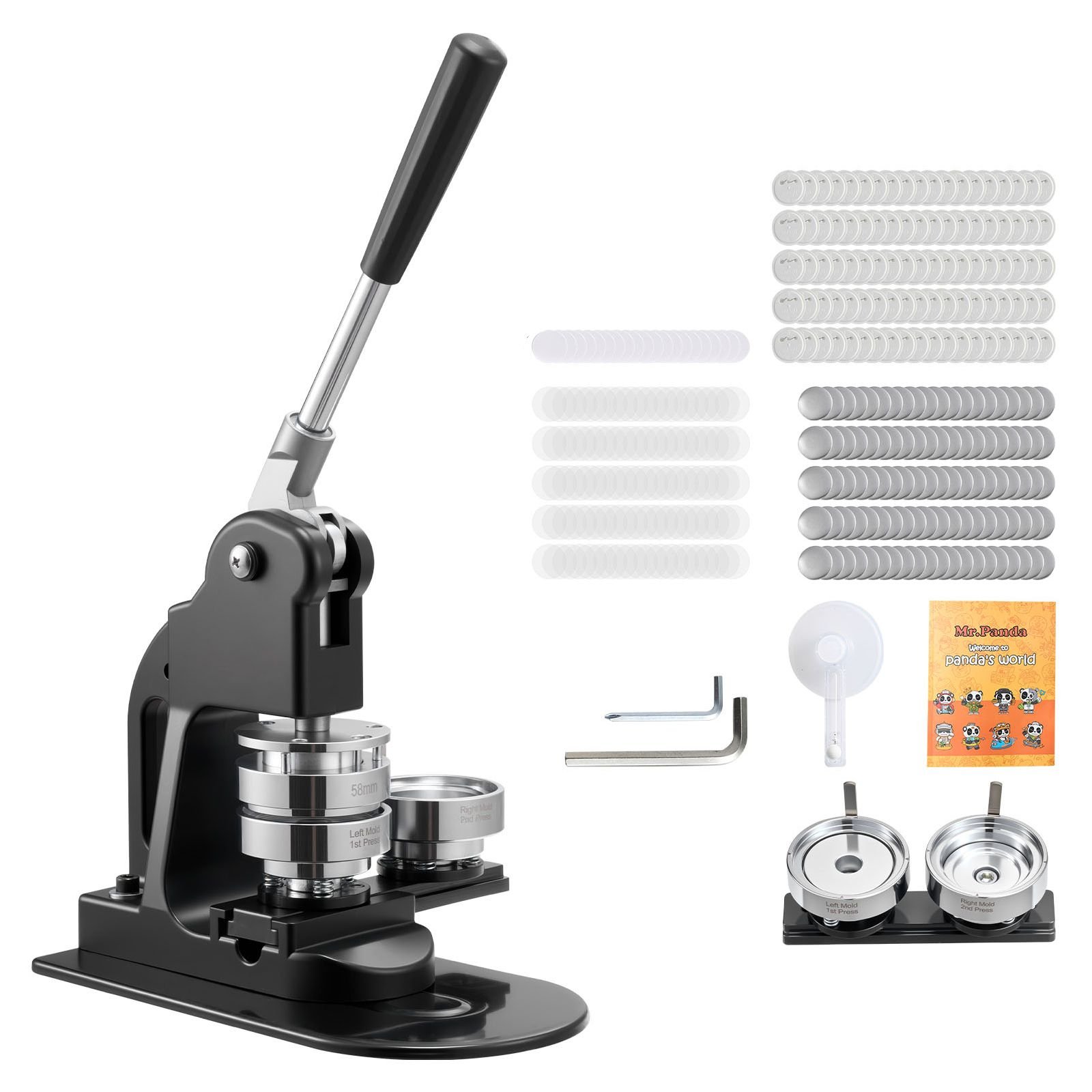 button maker machine, 2.25 in, pin maker machine with 500pcs button parts, circle cutter, hex wrenches and magic book, ergonomic handle, for diy badges, personalized pins and key chains, black