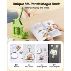 button maker machine, 2.28 in, plastic pin maker with 100pcs button parts, mr. panda magic book, circle cutter and hex wrenches, reinforced ergonomic handle, for diy badges, personalized pins