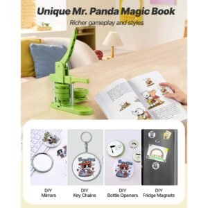 button maker machine, 2.95 in, plastic pin maker with 100pcs button parts, mr. panda magic book, circle cutter and hex wrenches, reinforced ergonomic handle, for diy badges, personalized pins