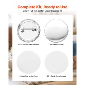 button maker supplies 200 sets 0.98 in / 25 mm pin back button parts, with metal backs, metal shells, clear mylar films, and blank circle papers, for home diy, school events, and custom studio