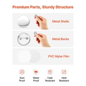 button maker supplies 200 sets 0.98 in / 25 mm pin back button parts, with metal backs, metal shells, clear mylar films, and blank circle papers, for home diy, school events, and custom studio