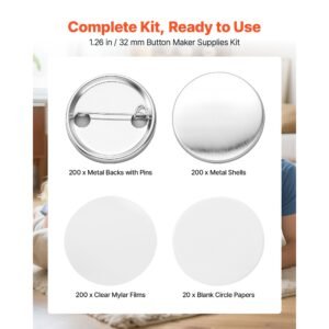 button maker supplies 200 sets 1.26 in / 32 mm pin back button parts, with metal backs, metal shells, clear mylar films, and blank circle papers, for home diy, school events, and custom studio