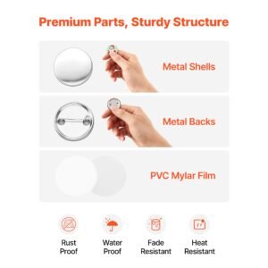 button maker supplies 200 sets 1.26 in / 32 mm pin back button parts, with metal backs, metal shells, clear mylar films, and blank circle papers, for home diy, school events, and custom studio