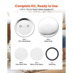 button maker supplies 200 sets 2.28 in / 58 mm pin back button parts, with metal backs, metal shells, clear mylar films, and blank circle papers, for home diy, school events, and custom studio