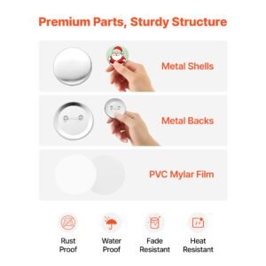 button maker supplies 200 sets 2.28 in / 58 mm pin back button parts, with metal backs, metal shells, clear mylar films, and blank circle papers, for home diy, school events, and custom studio