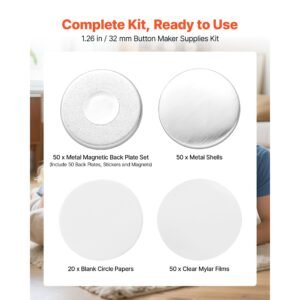 button maker supplies 50 sets 1.26 in / 32 mm refrigerator magnets, button parts with magnetic backs, metal shells, clear mylar films, and blank circle papers, for home diy and kitchen decor