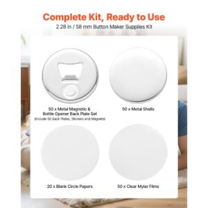 button maker supplies 50 sets 2.28 in / 58 mm magnet button parts, with magnetic and bottle opener backs, metal shells, clear mylar films, and blank circle papers, for home diy, kitchen decor