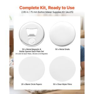 button maker supplies 50 sets 2.95 in / 75 mm magnet button parts, with magnetic and bottle opener backs, metal shells, clear mylar films, and blank circle papers, for home diy, kitchen decor